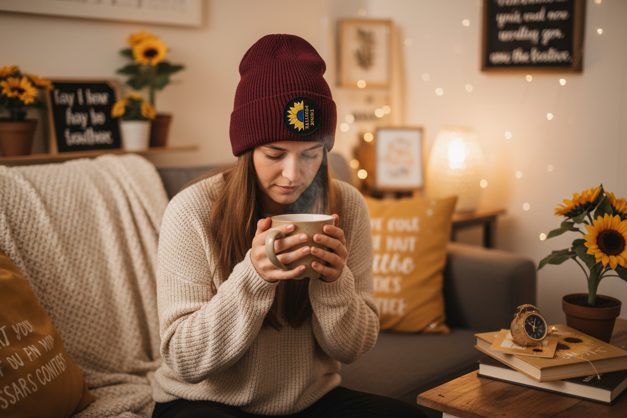 Cappellino Think Positive bordeaux indossato