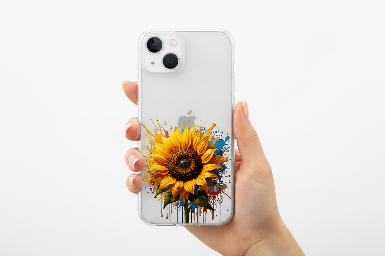 Cover girasole iPhone 14 tenuta in mano