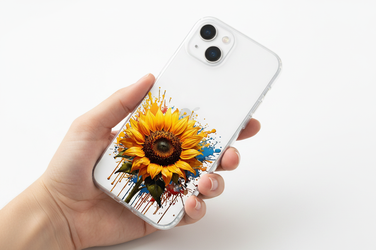 Cover girasole iPhone 13 tenuta in mano
